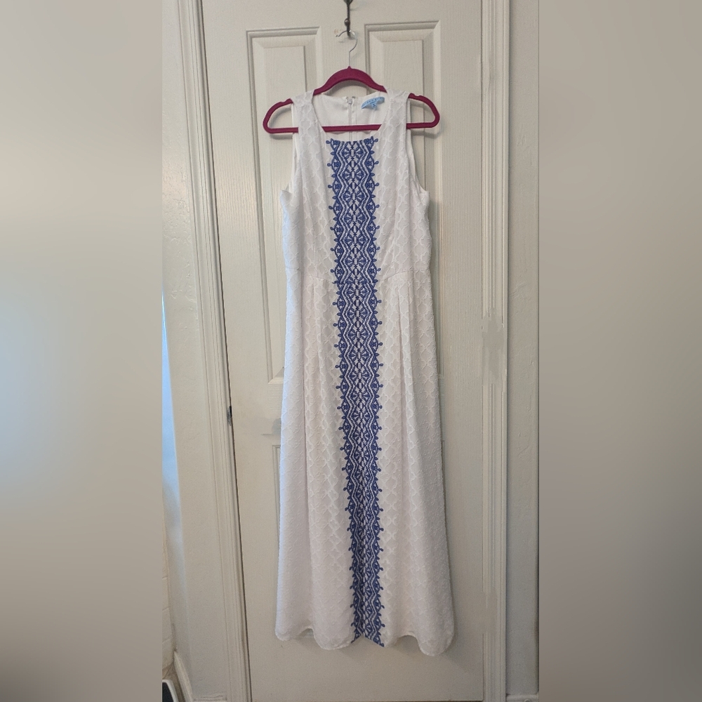 Elegant White Dress with Blue Embroidery